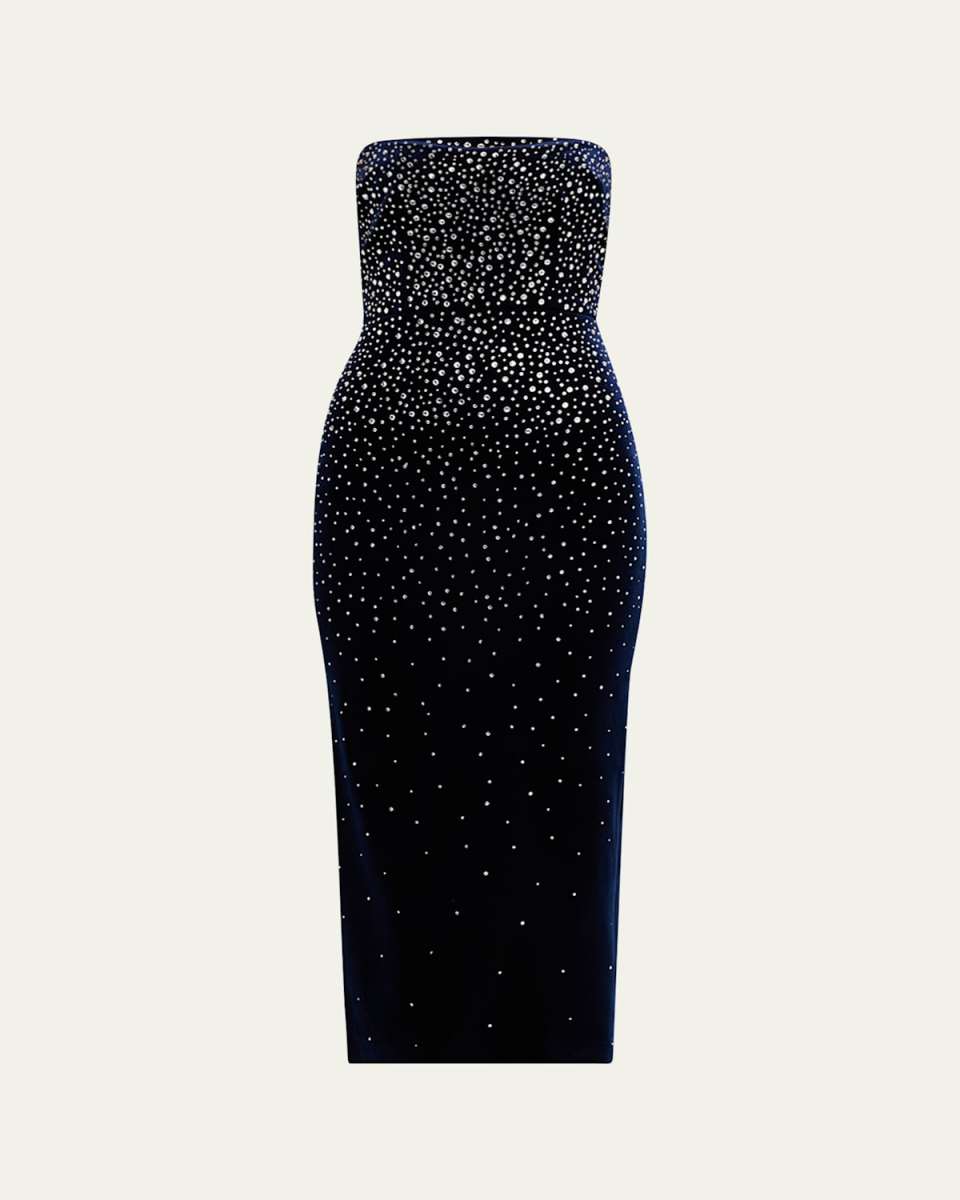 Strapless Crystal Velvet Midi Dress